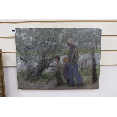 743 - Early 20th century Dutch School, oil on canvas, Father and children walking beside willow trees, 38 ... 