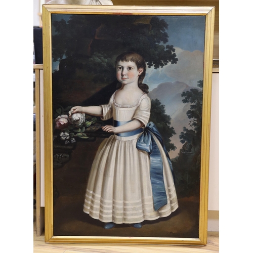 747 - F. Hazelhurst, oil on canvas, Portrait of a girl standing in a landscape beside an urn of flowers, s... 