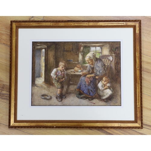 758 - Henry Henshall, watercolour, Cottage interior with grandmother and children, signed, 27 x 37cm... 