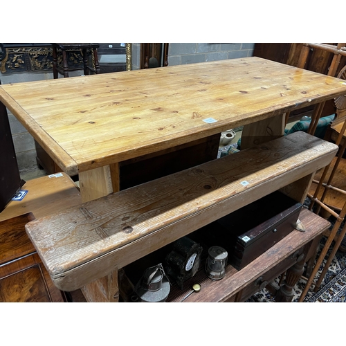 77 - A rectangular pine refectory table, length 150cm, width 67cm, height 72cm and a 19th century pine be... 