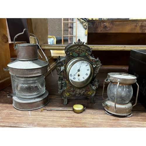 78 - A 19th century mahogany cutlery box, width 46cm, two miniature ship's lanterns and a French inlaid m... 