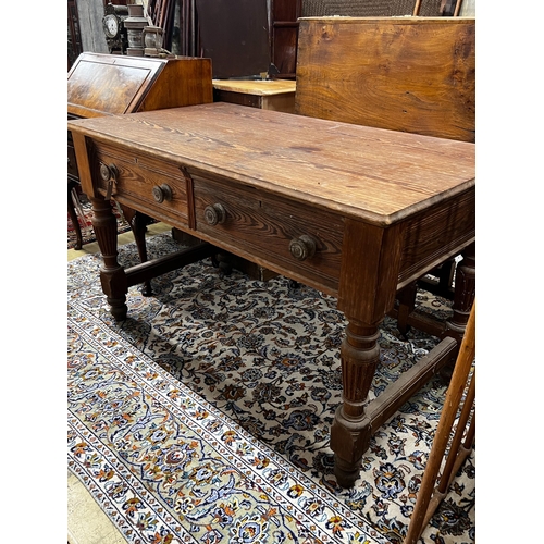 79 - A Victorian stained pitch pine two drawer serving table by repute from Balmoral Castle kitchens, len... 