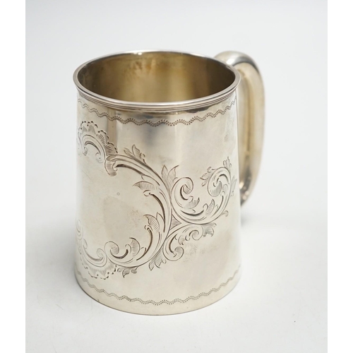 802 - A Victorian engraved silver christening mug, Thomas White, Birmingham, 1872, 87mm.