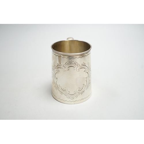 802 - A Victorian engraved silver christening mug, Thomas White, Birmingham, 1872, 87mm.