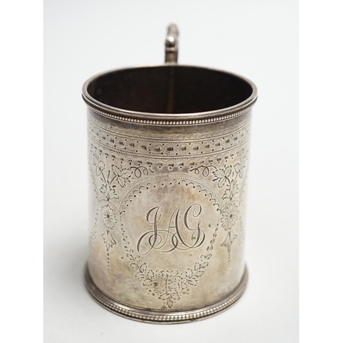 803 - A Victorian engraved silver christening mug, Charles Stuart Harris, London, 1881, height 92mm, with ... 