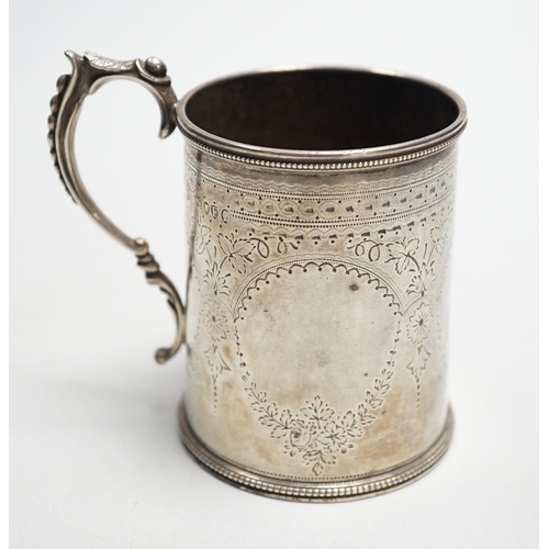 803 - A Victorian engraved silver christening mug, Charles Stuart Harris, London, 1881, height 92mm, with ... 