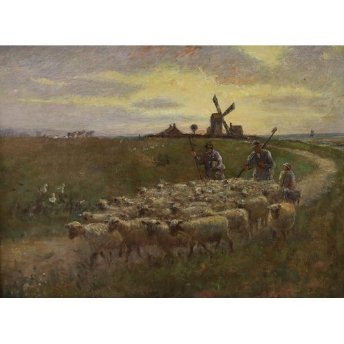 692 - English School c.1900, oil on canvas, Shepherds and flock upon the downs, 30 x 40cm, together with a... 