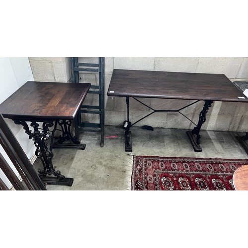 1021 - Two Victorian style cast metal stained wood topped tavern tables, larger width 120cm, depth 60cm, he... 