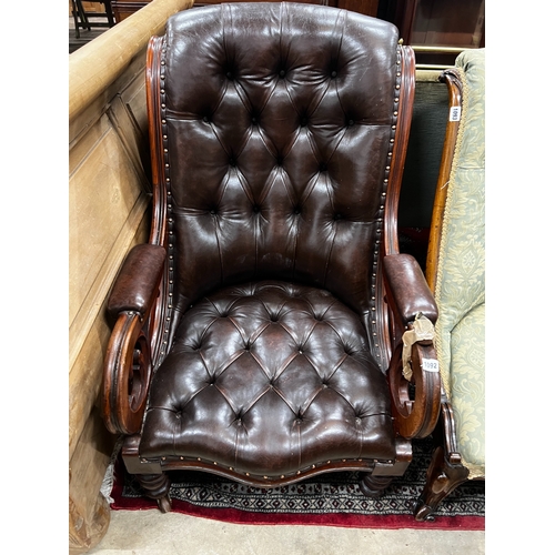 1092 - A Victorian mahogany armchair upholstered in deep buttoned brown leather, width 68cm, depth 80cm, he... 