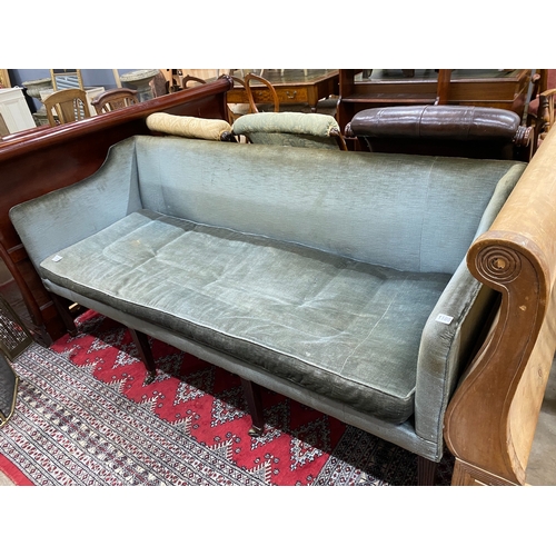 1108 - A 19th century upholstered three seater settee covered in pale blue velvet, length 185cm, depth 74cm... 