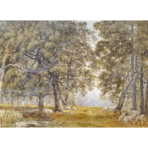 1721 - Attributed to George Barrett (1767-1842), watercolour, Sheep in woodland, J. Davey & Sons label vers... 