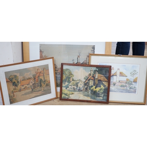 1727 - Three assorted watercolours of Glynde and a colour print, largest 40 x 49cm