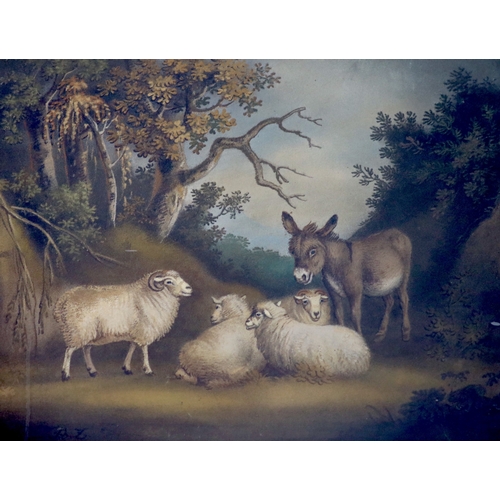 1732 - Benjamin Zobel (British, 1762-1831), sand picture, Sheep and a donkey in a wooded landscape, signed,... 