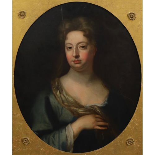 1735 - Circle of Sir Godfrey Kneller (British, 1646-1723), oil on canvas, Portrait of a lady wearing a blue... 