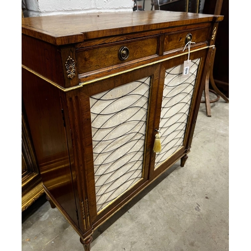 1010 - A Regency style brass inlaid simulated rosewood chiffonier, width 76cm, depth 34cm, height 83cm... 