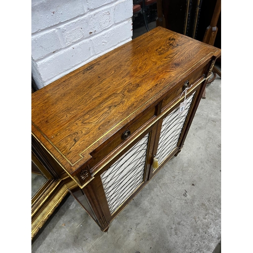 1010 - A Regency style brass inlaid simulated rosewood chiffonier, width 76cm, depth 34cm, height 83cm... 