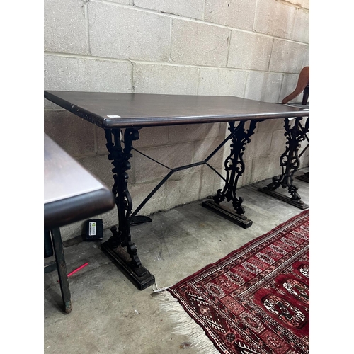 1021 - Two Victorian style cast metal stained wood topped tavern tables, larger width 120cm, depth 60cm, he... 