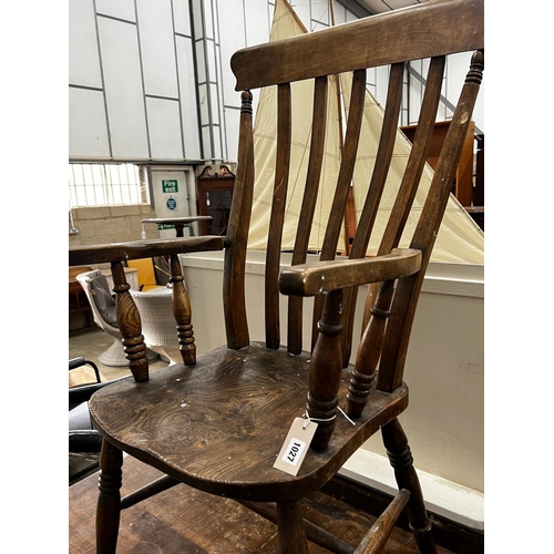 1027 - A Victorian elm and beech lathe back armchair, width 55cm, depth 47cm, height 113cm