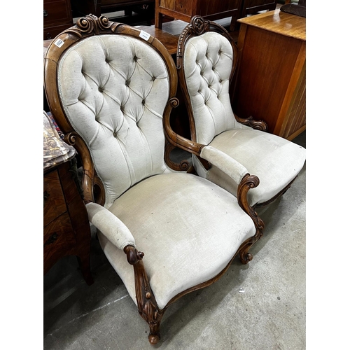 1032 - A Victorian walnut spoonback open armchair, width 66cm, height 98cm together with a similar  smaller... 