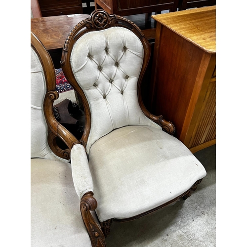 1032 - A Victorian walnut spoonback open armchair, width 66cm, height 98cm together with a similar  smaller... 