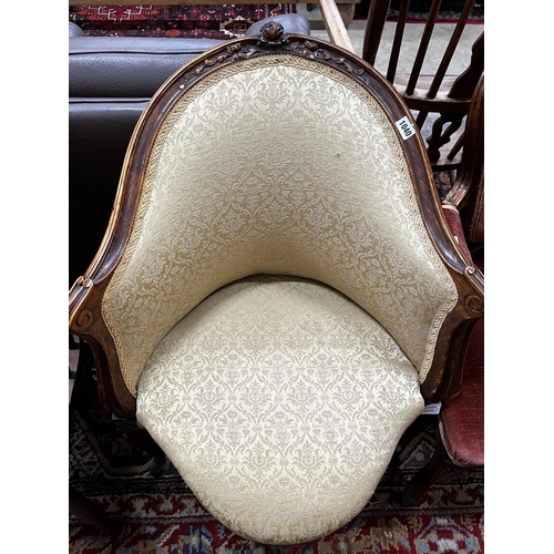 1040 - A late 19th century French walnut corner elbow chair, width 65cm, depth 49cm, height 90cm