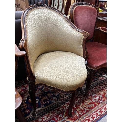 1040 - A late 19th century French walnut corner elbow chair, width 65cm, depth 49cm, height 90cm