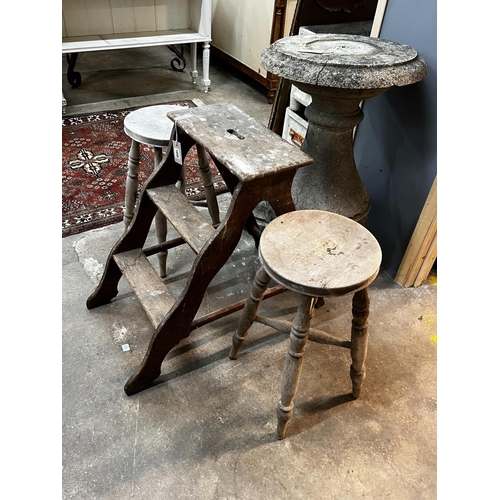 1046 - A set of provincial oak steps, height 67cm together with a pair of bleached stools