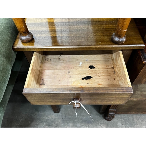 1054 - A mid century teak three drawer bedside chest, height 77cm together with an oak and pine workbox... 