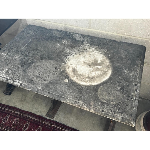 1072 - A rectangular cast iron marble topped garden table, length 92cm, depth 54cm, height 69cm