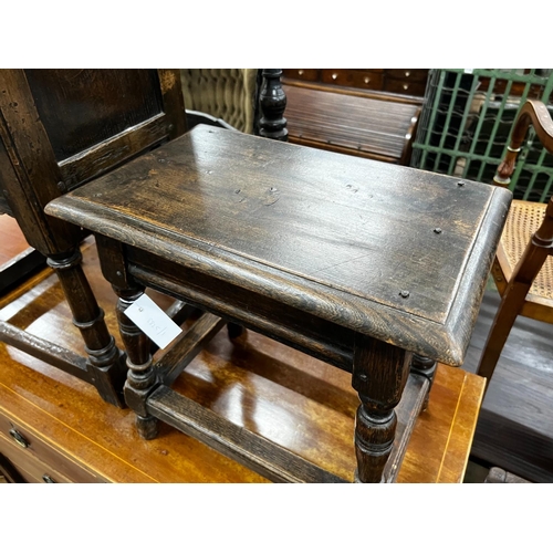 1085 - A 17th century style rectangular oak joint stool, length 45cm, depth 29cm, height 46cm