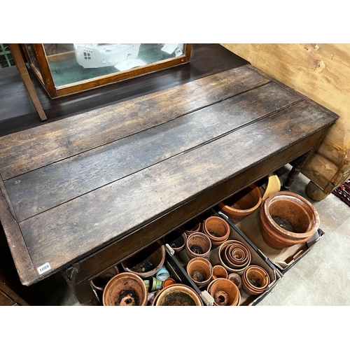 1088 - A 19th century French rectangular oak dough trough table, width 158cm, depth 67cm, height 71cm... 