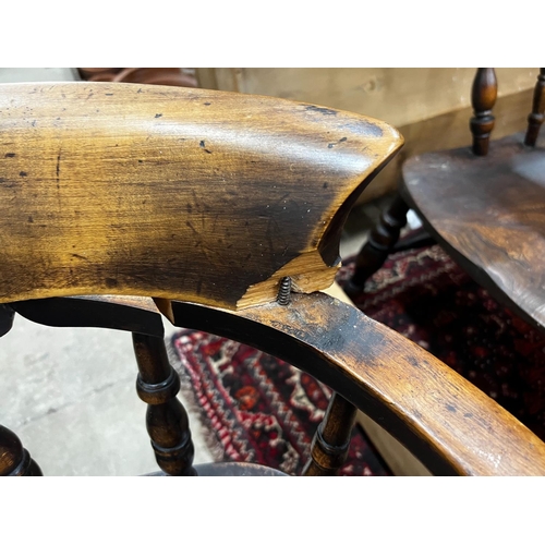 1090 - A harlequin set of five Victorian elm and beech smoker's bow chairs