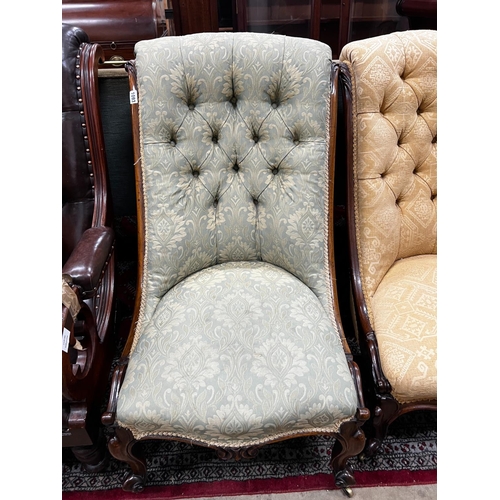 1093 - A near pair of Victorian mahogany and rosewood upholstered nursing chairs width 54cm, height 91cm... 