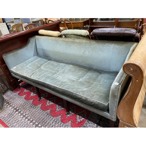 1108 - A 19th century upholstered three seater settee covered in pale blue velvet, length 185cm, depth 74cm... 