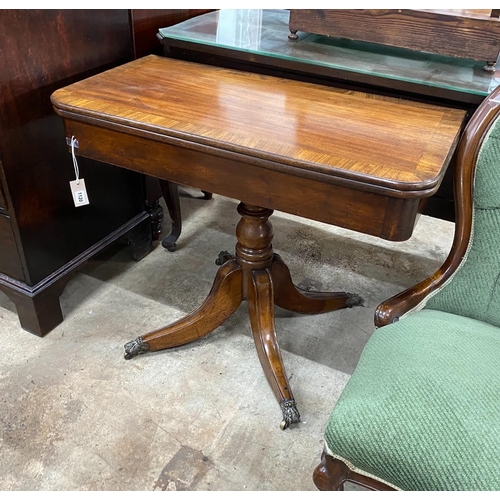 1120 - A Regency rosewood banded rectangular mahogany folding tea table, width 92cm, depth 45cm, height 73c... 