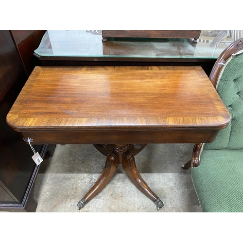 1120 - A Regency rosewood banded rectangular mahogany folding tea table, width 92cm, depth 45cm, height 73c... 