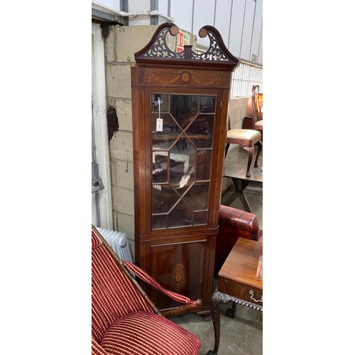 1124 - An Edwardian inlaid mahogany standing corner cabinet, width 60cm, height 202cm