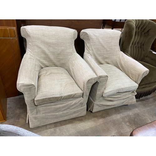 1132 - A pair of Edwardian upholstered armchairs, width 80cm, depth 70cm, height 92cm