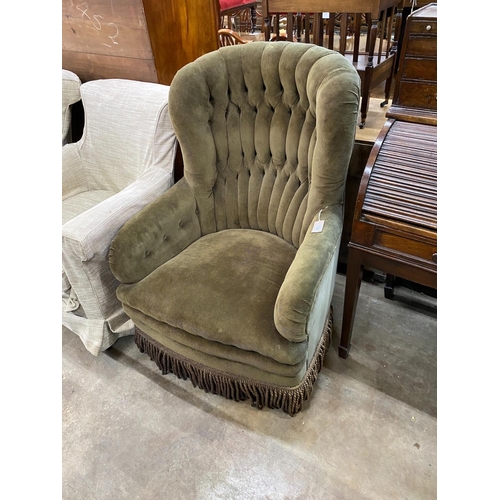 1133 - A Victorian style buttoned cord fabric spoonback rocking armchair, width 78cm, depth 70cm, height 11... 