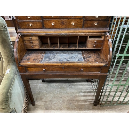 1134 - A George III mahogany cylinder bureau with fifteen drawer superstructure, width 92cm, depth 51cm, he... 