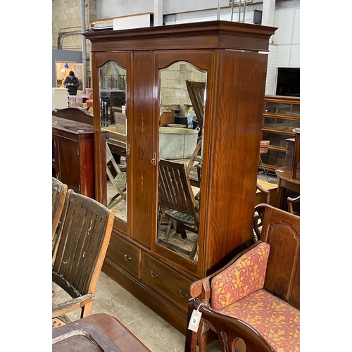 1144 - An Edwardian inlaid mahogany mirrored wardrobe, width 158cm, depth 52cm, height 208cm