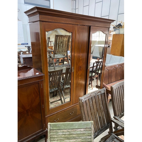 1144 - An Edwardian inlaid mahogany mirrored wardrobe, width 158cm, depth 52cm, height 208cm