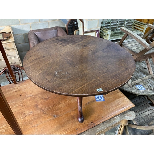 1173 - A George III circular mahogany tripod tea table, cut down, diameter 92cm, height 52cm