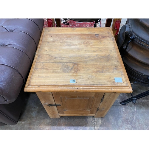 1179 - A Victorian stripped pine bedside cupboard, width 60cm, depth 61cm, height 63cm