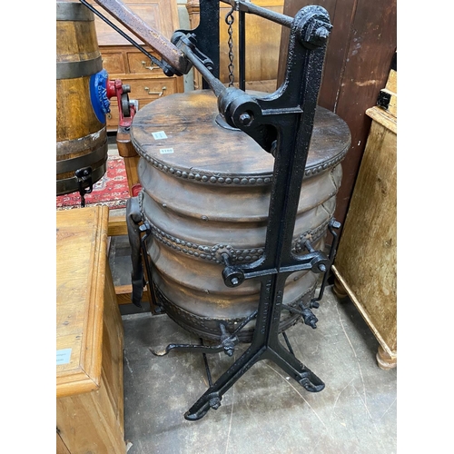 1180 - An 19th century cast iron oak and leather blacksmiths bellows by Linley and Son, Sheffield height 13... 