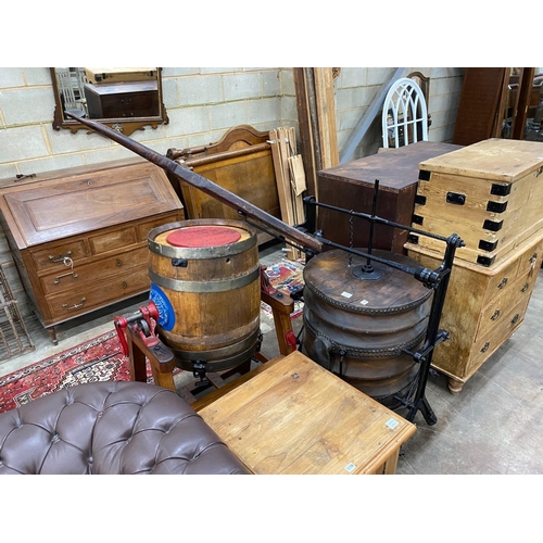 1180 - An 19th century cast iron oak and leather blacksmiths bellows by Linley and Son, Sheffield height 13... 