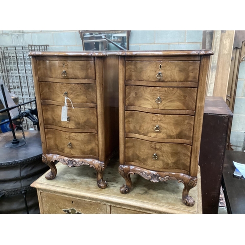 1180A - A pair of Queen Anne revival walnut serpentine four drawer bedside chests, width 38cm, depth 43cm, h... 