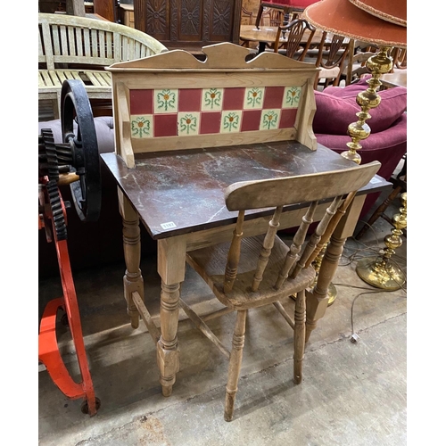 1187 - A late Victorian pine tiled back marble topped washstand, width 78cm, depth 46cm, height 106cm toget... 