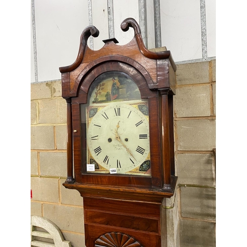 1202 - An early 19th century mahogany banded oak 8 day longcase clock with painted dial, height 229cm... 