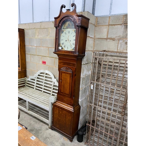 1202 - An early 19th century mahogany banded oak 8 day longcase clock with painted dial, height 229cm... 